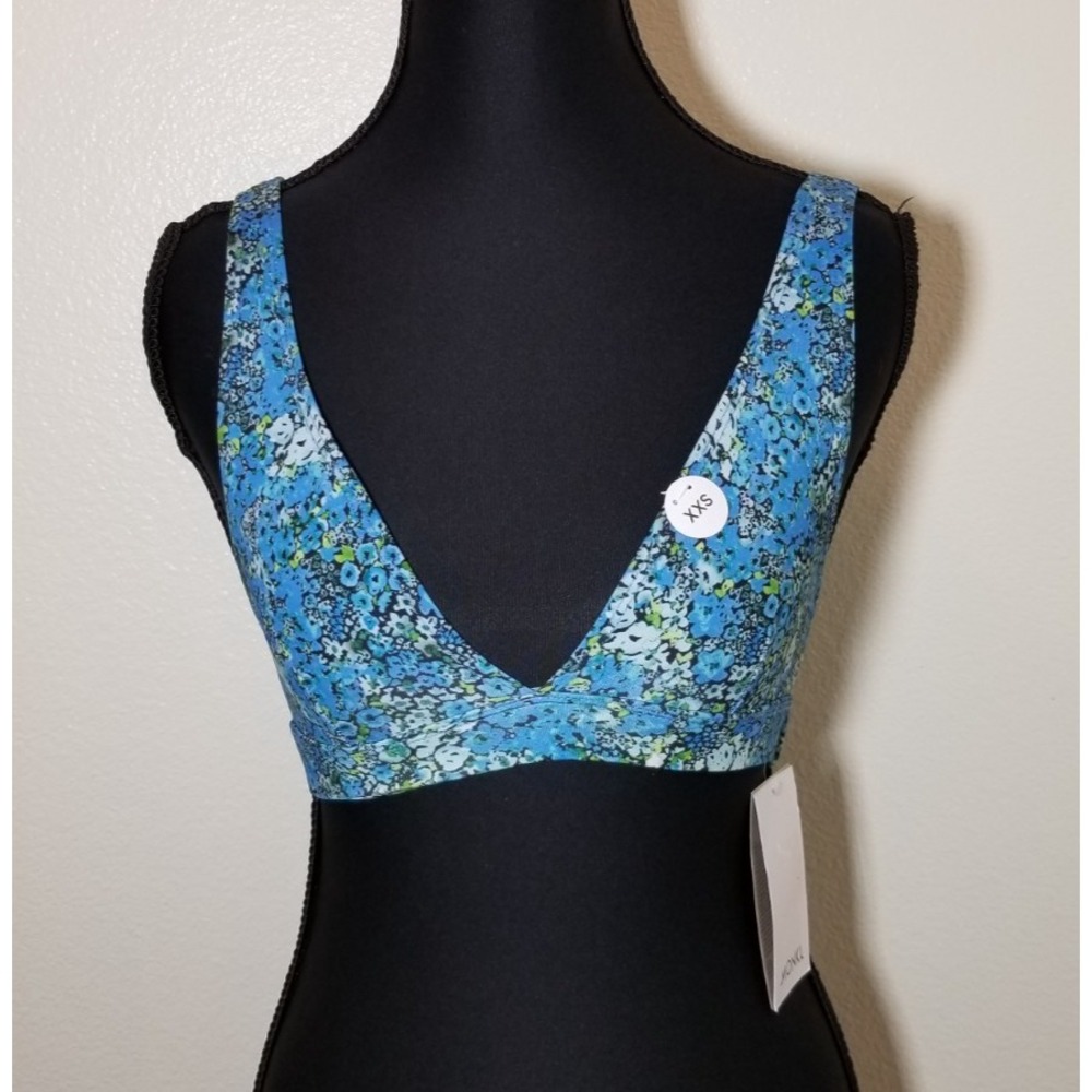 Monki Blue Floral Bikini Top Size XXS Beach Vacation Boho Retro Swim Pool NWT